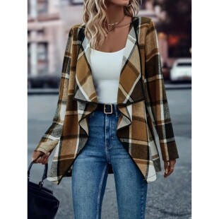 Women Plus Size Woven Open Front Long Sleeve Checkered Patte