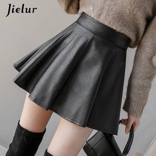 Jielur PU Pleated Skirt Autumn Women Solid Color Leather Win