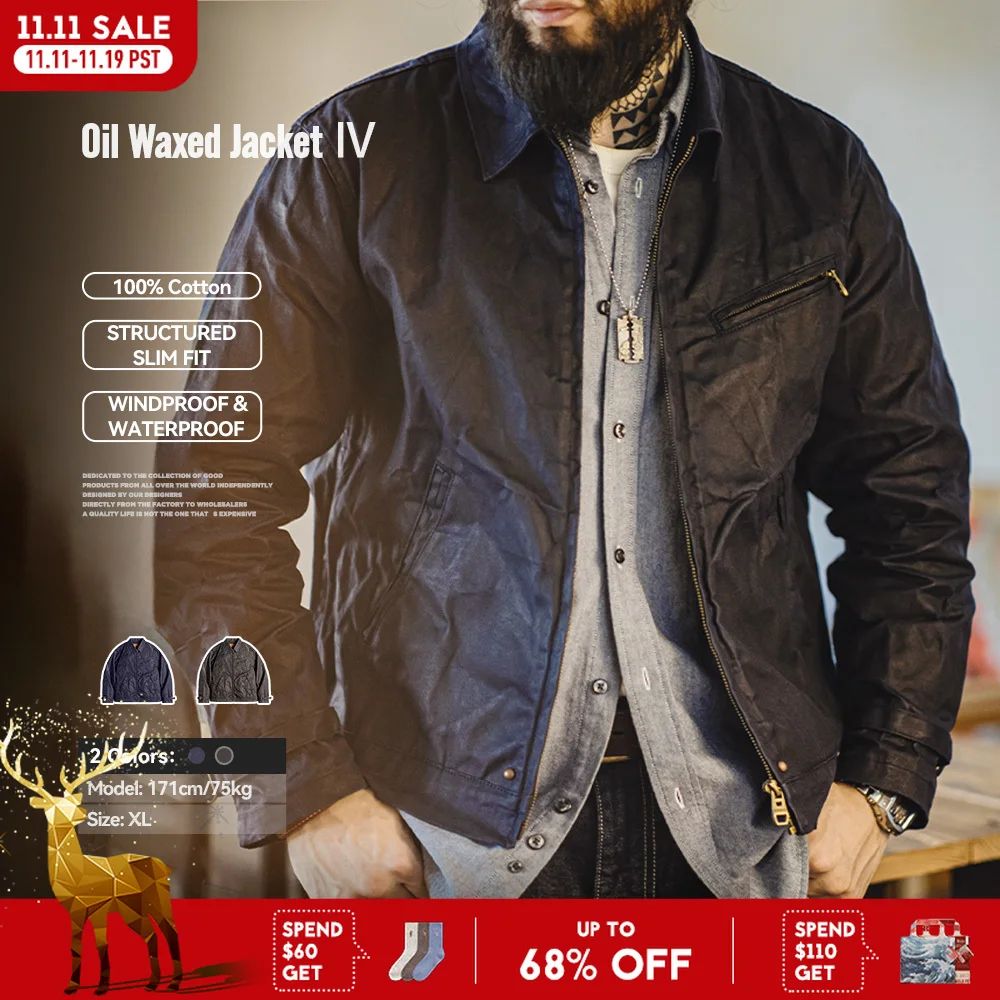 Maden Men's Vintage IV Oil Waxed Canvas Jacket Lapel Zipper