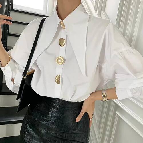 White Elegant Pearl Women Shirts Korean Sharp Corner Collar