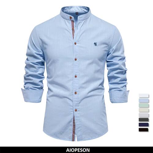 AIOPESON 100% Cotton Social Shirt Men Solid Color Long Sleev