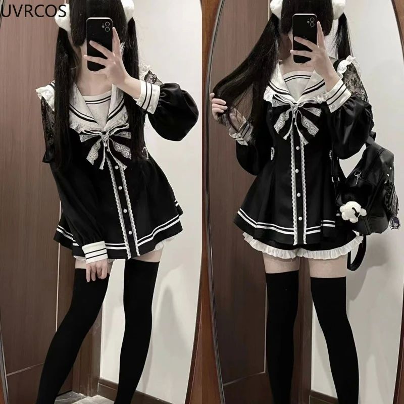 Japanese Style Gothic Y2k Lolita Bow Dress Shorts Set Women