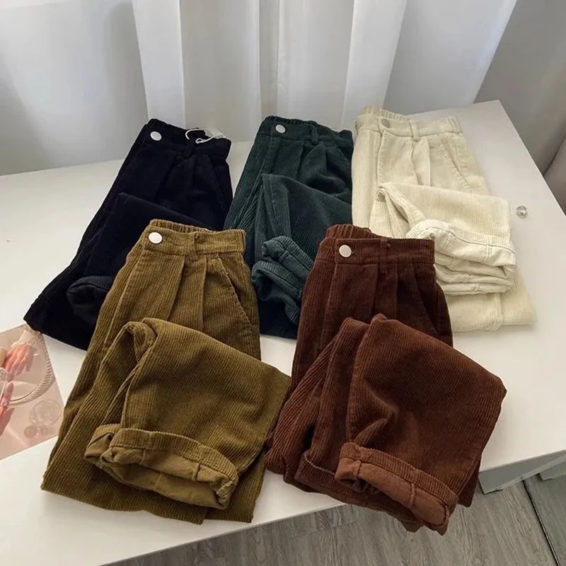Retro High Waist Corduroy Pants Women Spring Fall Straight C