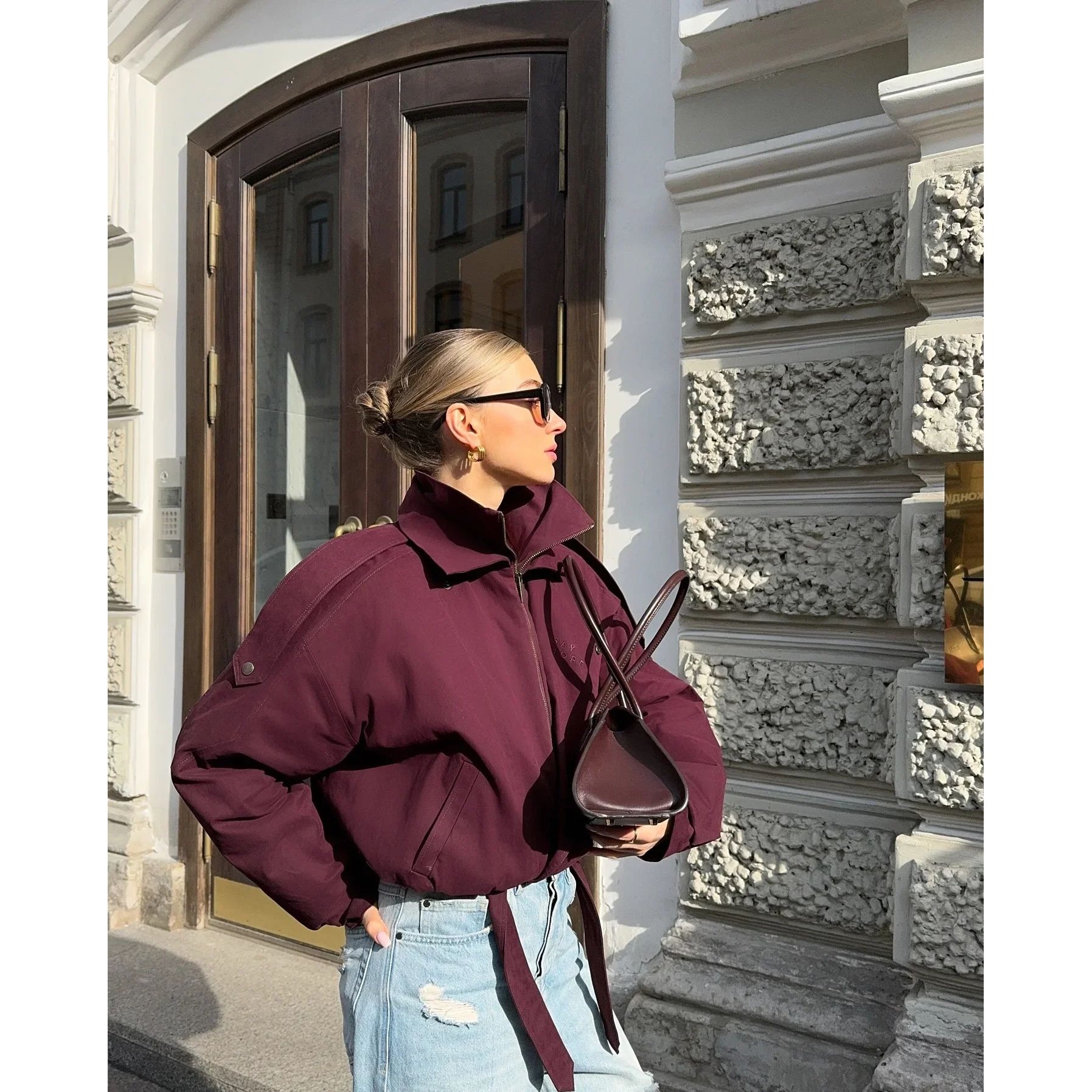 Fashion Wine Red Zipper Loose Overcoat Women Chic High Colla