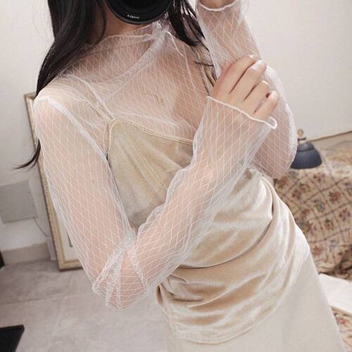 Women Lace mesh T Shirt Transparent Black White Ladies Tops