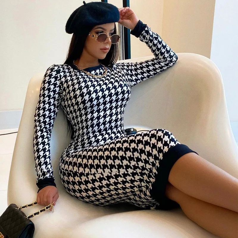 Houndstooth Print Women Long Sleeve Midi Dress Hollow Out Bo
