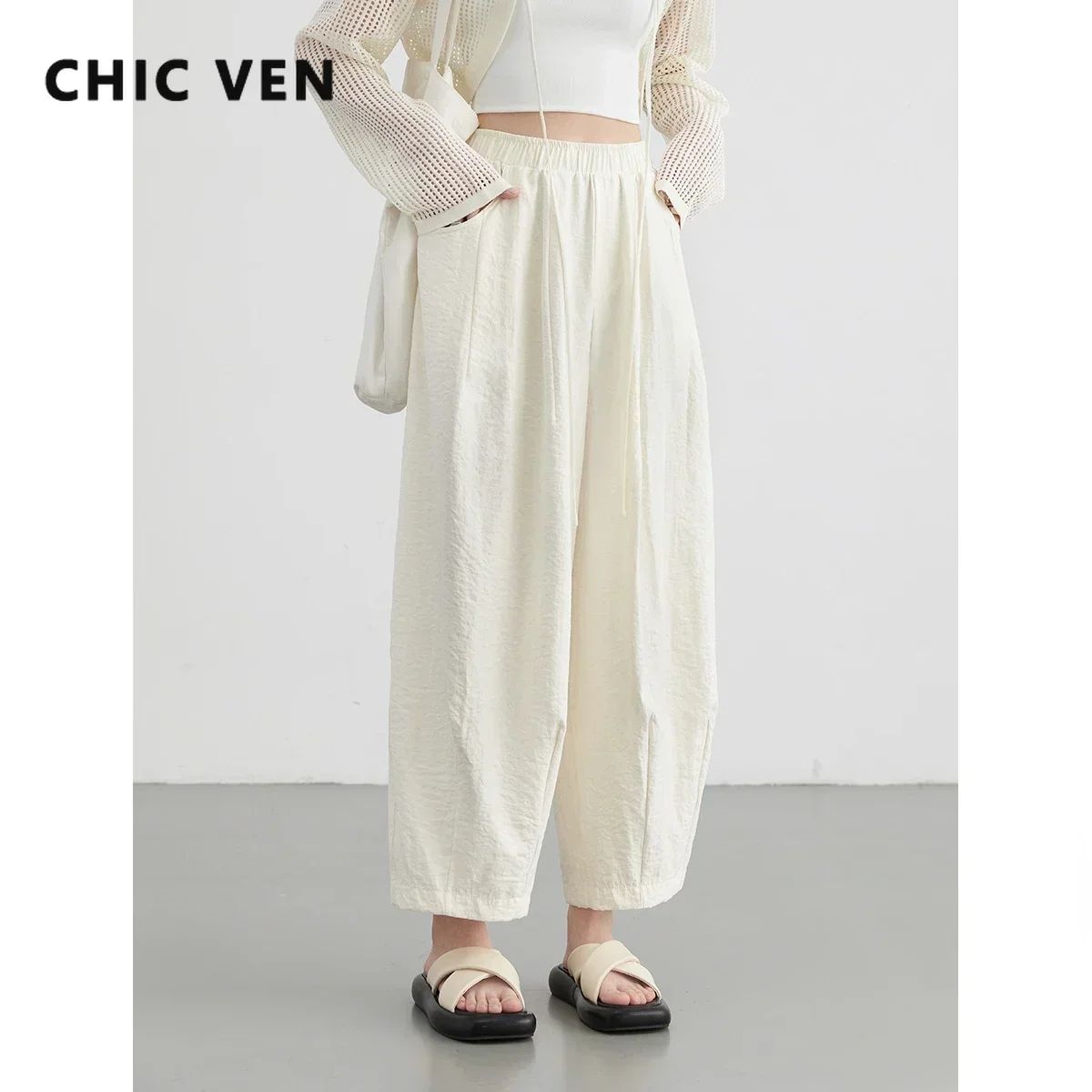 CHIC VEN Women White Pants Solid Casual Elastic Waist High W