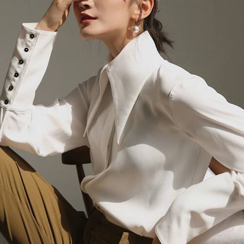Stylish Elegant Turn Down Collar White Long Sleeve Satin Shi