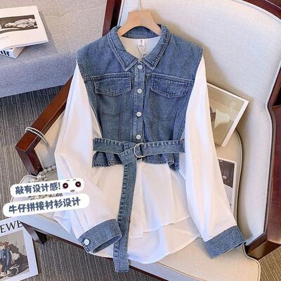 Women Denim Shirt Spring Summer 2024 Long Sleeve Splicing La