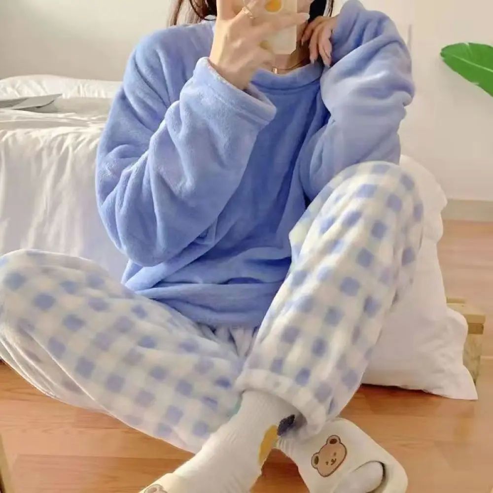 Fleece Thick Warm Women's Pajamas Set Winter Sleepwear Casua