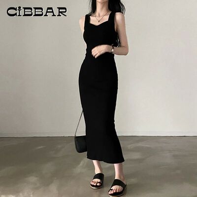 CIBBAR Basic Knit Long Dress Korean Fashion Square Collar Sl