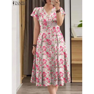 Elegant Floral Dress ZANZEA Women Summer Short Sleeve Party