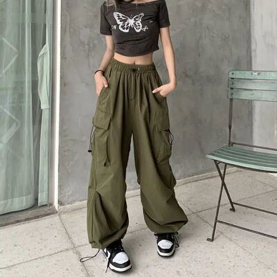 Women Casual Baggy Cargo Pants Solid Low Waist Joggers Tech