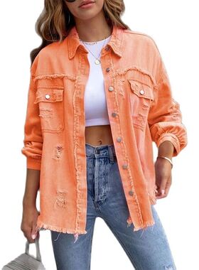 2023 Holes Raw-edges Denim Jacket Women Spring Autumn Shirt