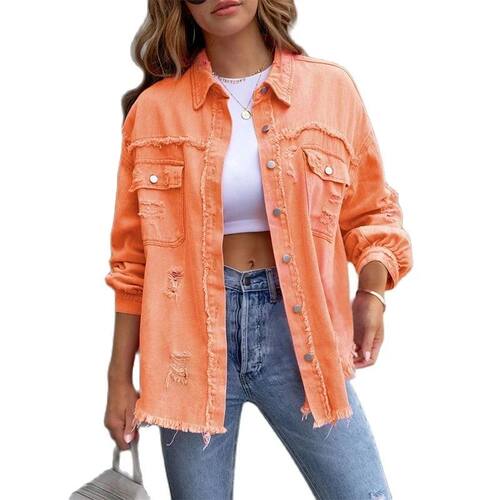 2023 Holes Raw-edges Denim Jacket Women Spring Autumn Shirt