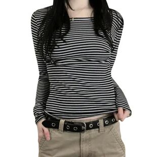 Women Vintage T-shirts Striped Tops Spring Autumn Clothes y2