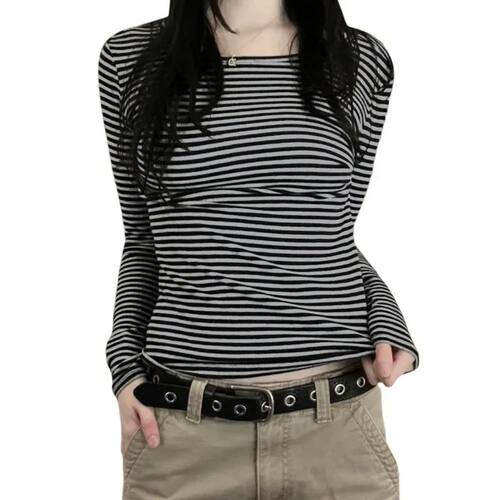 Women Vintage T-shirts Striped Tops Spring Autumn Clothes y2