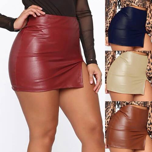 Women Leather Night Clubwear Skirts Summer Pure Color PU-lea