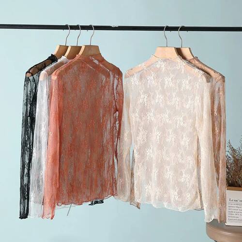 S-XL New Women Lace Shirt Spring Autumn Sexy Mesh Shirts Lac