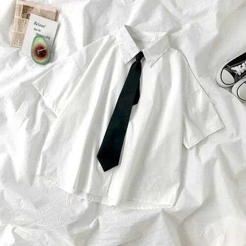 White Shirt Women Blusas Short Sleeve Lapel Blouse with Tie