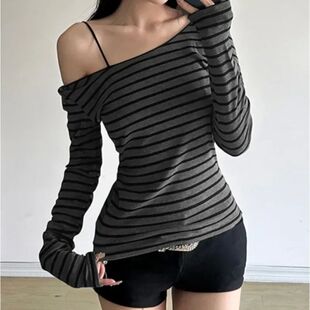 Harajuku Basic Slim Long Sleeve Stripe Tee Off Shoulder O Ne