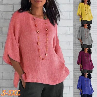 Cotton Linen Blouse Shirts Summer O-Neck Three Quarter Loose