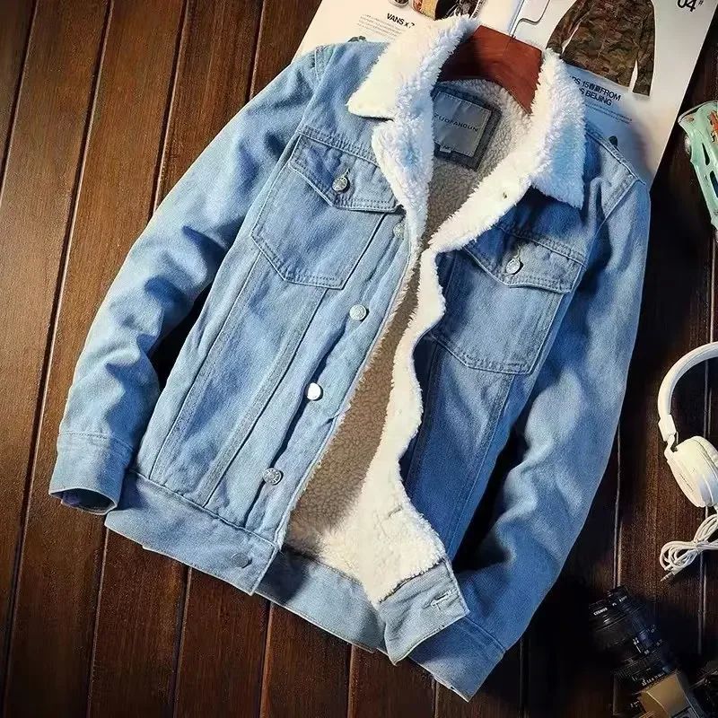 2022 Winter Fleece-lined Thickened Denim Jacket Men's Korean
