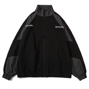 Men High Street Patchwork Color Black Windbreaker Coats Hip
