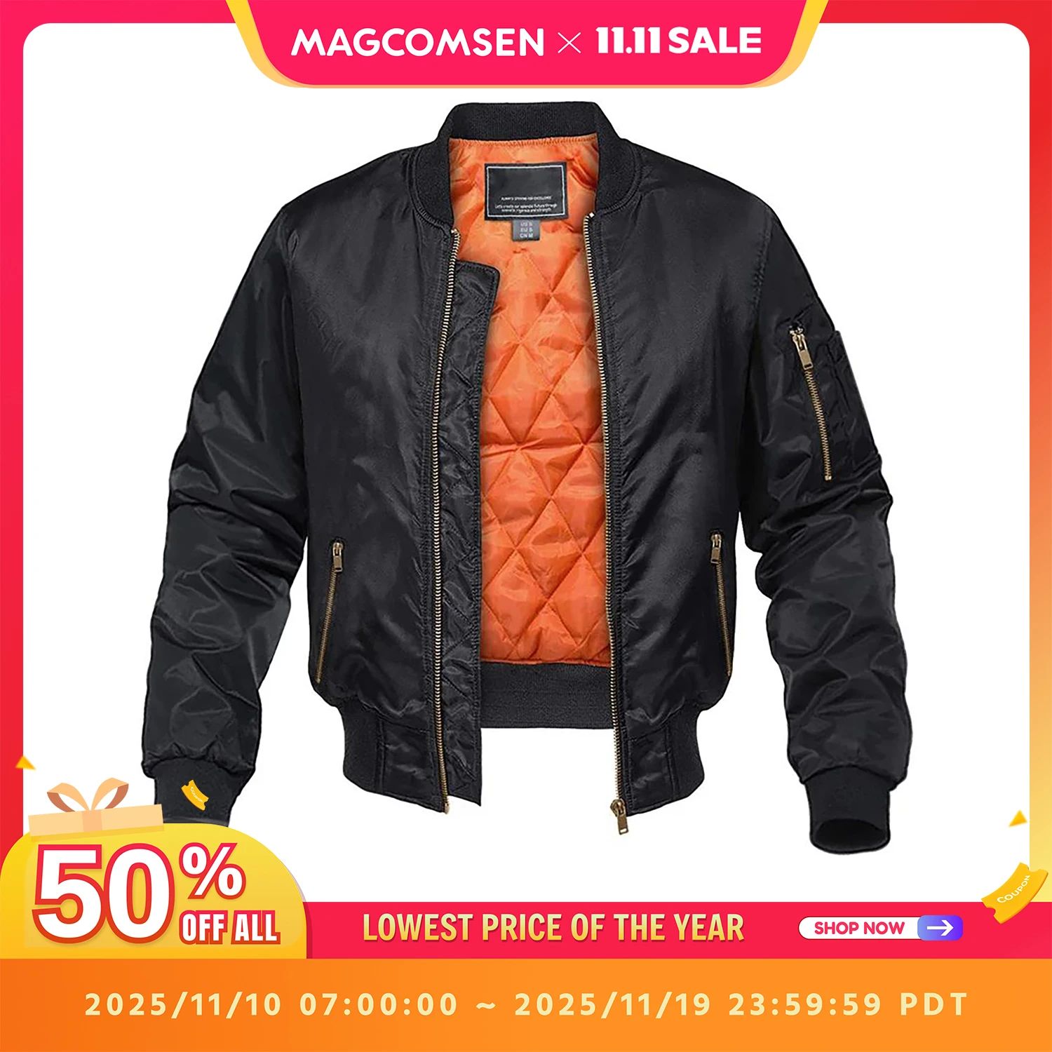 MAGCOMSEN Men's Aviator Jackets Thick Warm Orange Lining Bom