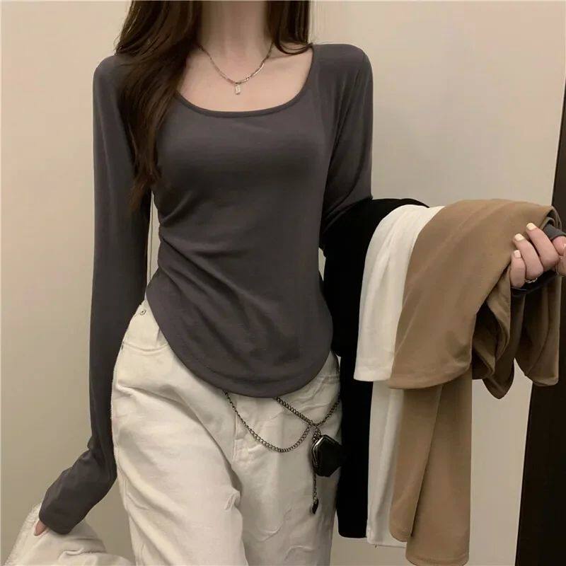 Square Neck Long Sleeve T-Shirt Women Spring  Autumn  New Ir