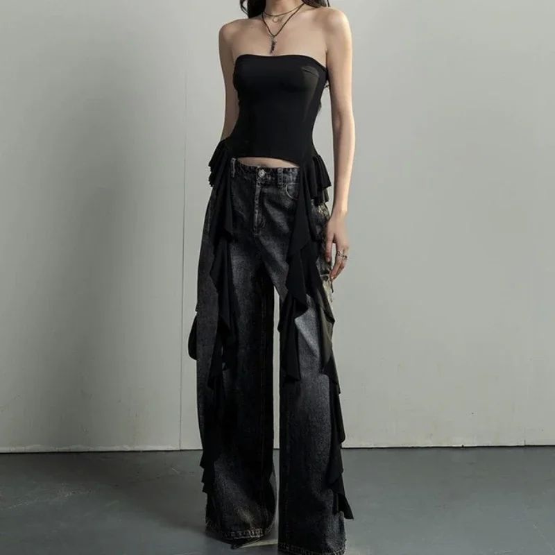 Y2k Tank Tops Asymmetrical Fringed Ruffle Top Streetwear Bla