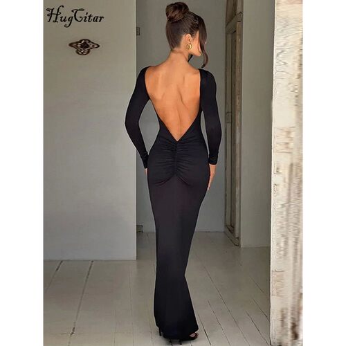 Hugcitar Spring Elegant Long Sleeve Backless Solid Cuched Se