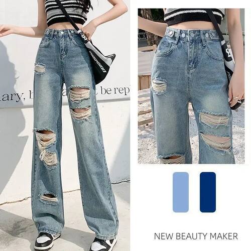 Trendy Straight-leg Jeans Torn Design Women's New Spring-sum
