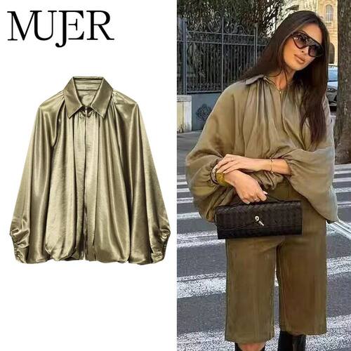 MUJER Ruched Bomber Jackets for Women Puffy Oversized Jacket