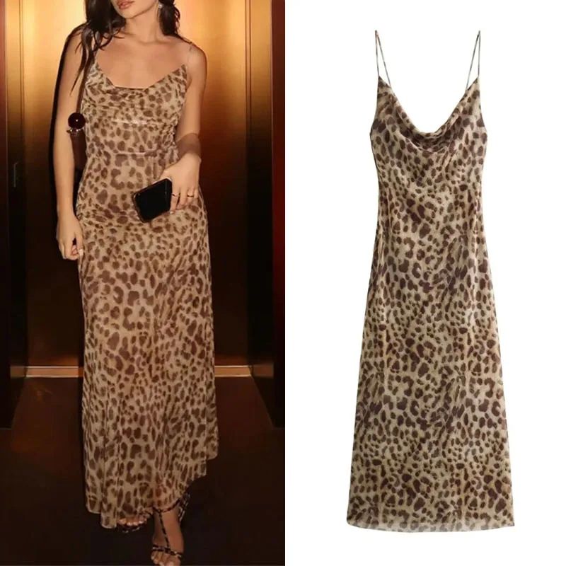 TRAF Leopard Print Long Dress Women Tulle Backless Slip Dres