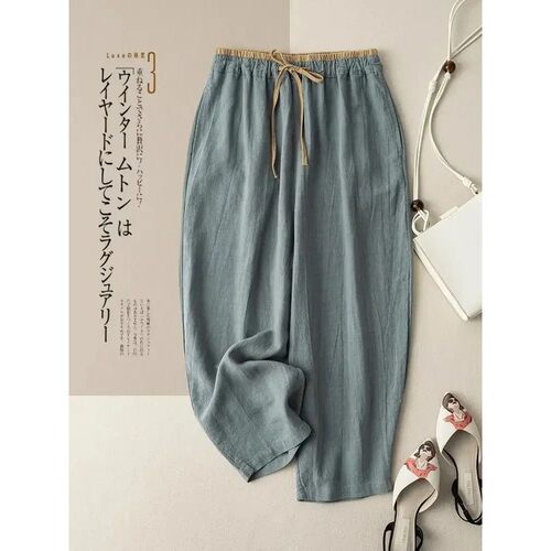 Summer Retro Cotton Linen Loose Harem Pants Elastic Drawstri