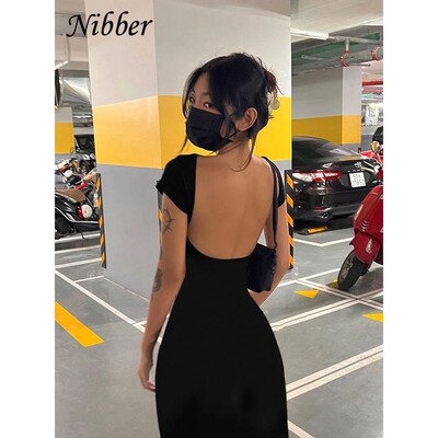 Nibber Solid Sexy Backless Maxi Dress Women Elegant Elastic