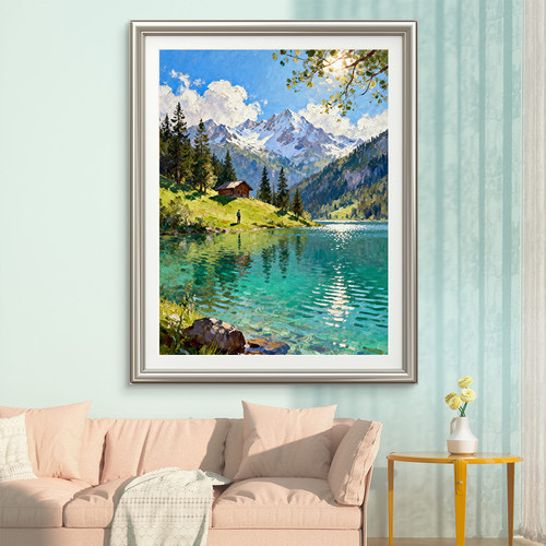 宝藏湾 数字油画di山湖晴望肌理填充风景多色油画高还原装饰画