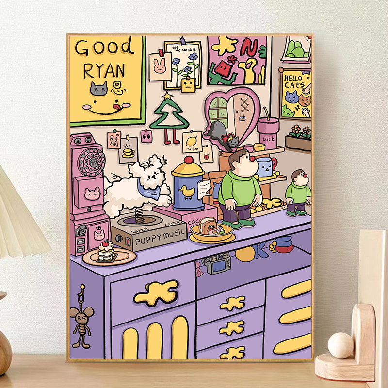 宝藏湾数字油画可爱角落纯画布DIY卡通填充丙烯治愈充勾线油画