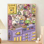 宝藏湾数字油画可爱角落纯画布DIY卡通填充丙烯治愈充勾线油画