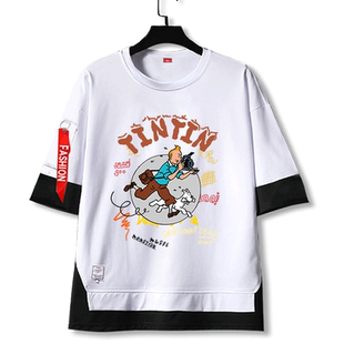 丁丁历险记tintin丁丁的冒险可爱假两件短袖T恤衫男女儿童5五分袖