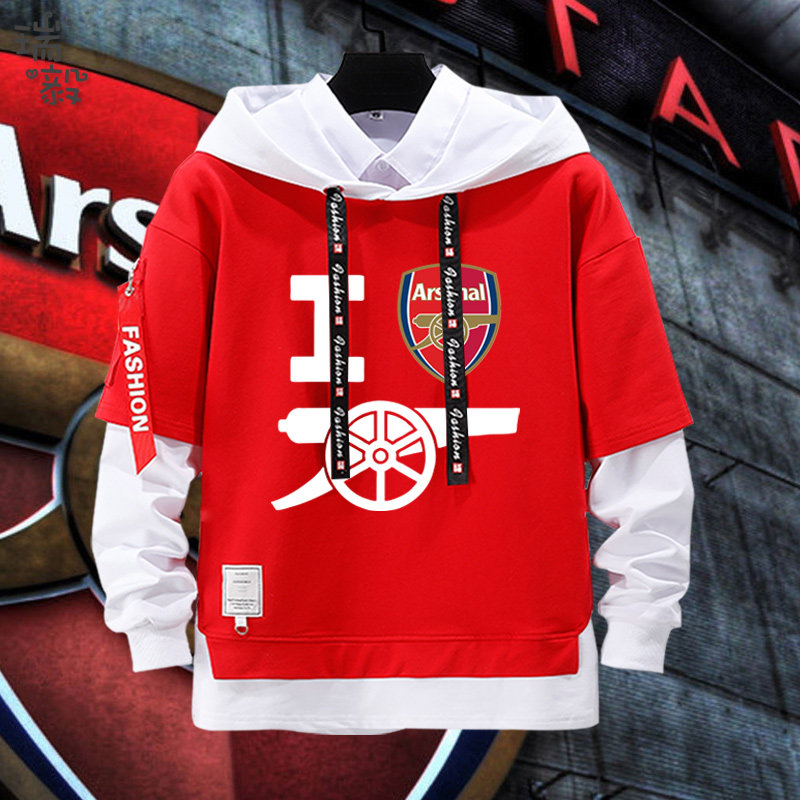 阿森纳队服枪手奥巴梅扬足球迷服假两件连帽卫衣男女儿童学生外套