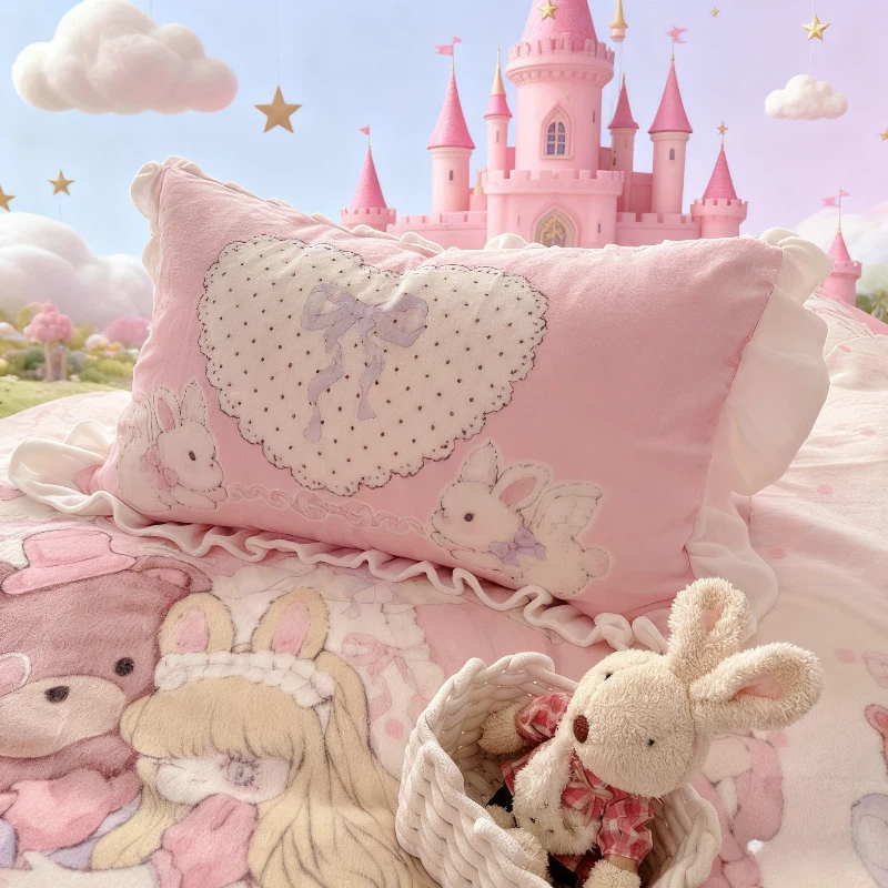 牛奶绒枕套洛丽塔可爱蝴蝶结女孩卧室枕头芯套皮一只对装加厚加绒
