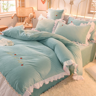 公主风雪纺木耳花边加厚冬季 保暖加绒牛奶水晶绒宝宝绒四件套被套