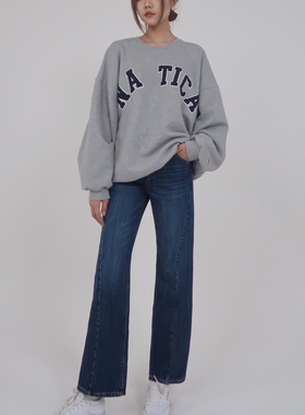 博主大头儿子藏青色复古直筒中腰加长版牛仔裤显腿长神裤休闲简约