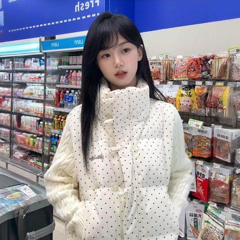 韩版ins甜美学院风波点杏色拼接针织麻花棉服百搭保暖设计棉衣潮