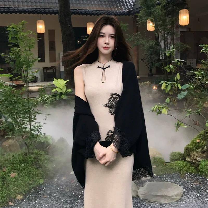 2025初秋新中式无袖旗袍针织连衣裙长裙开衫两件套套装