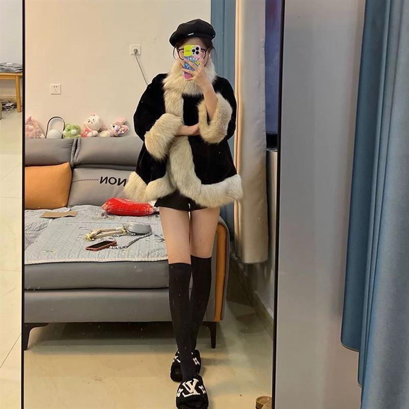 社会女衣服快手网红同款秋冬名媛斗篷毛毛仿皮草外套夹棉保暖大衣