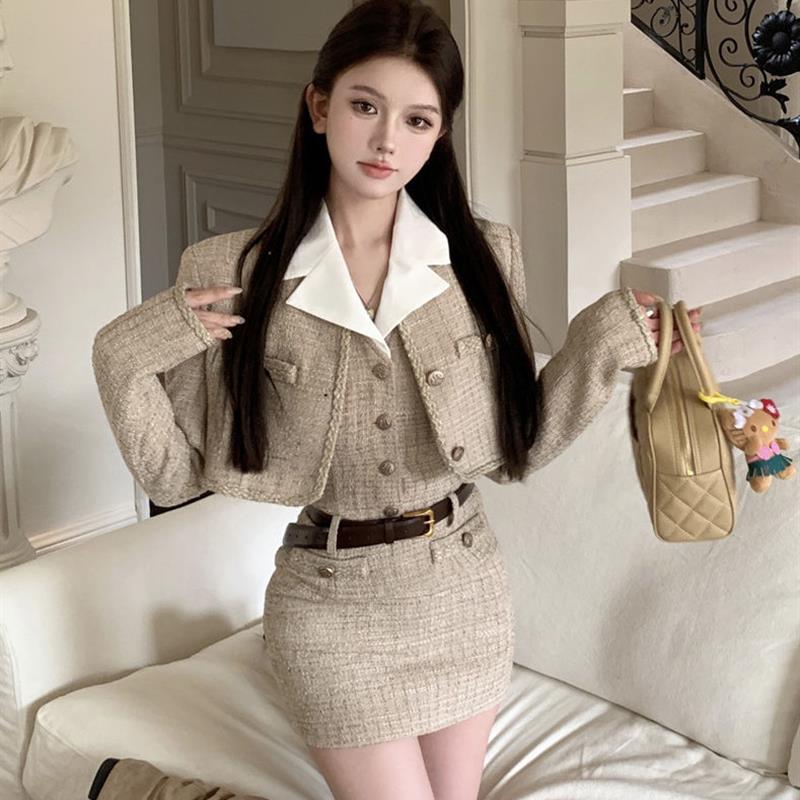 粗花呢长袖短款外套女秋冬小香风套装撞色西装领背心连衣裙两件套