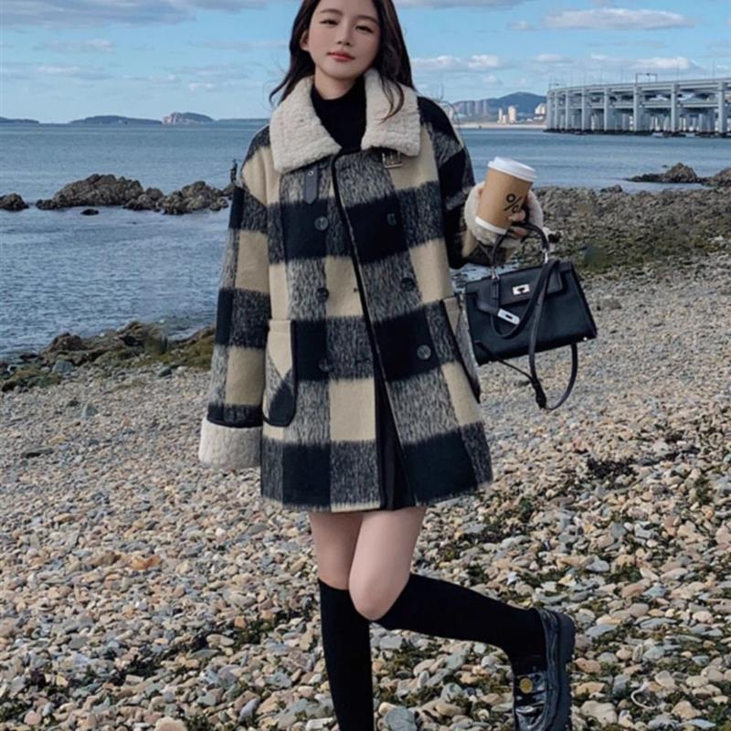 法式高级感立领格子拼接毛呢外套女秋冬新款气质夹棉加厚百搭大衣